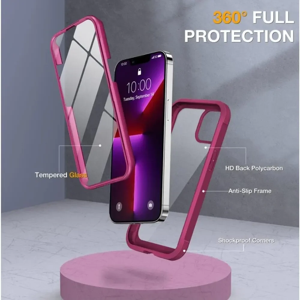 iPhone 13 Pro Max Glass Case Wine Red 360 Protection Miracase